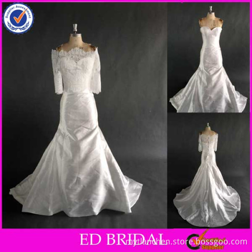 LN84 Elegant Mermaid Style Off Shoulder Lace Jacket Real Sample Satin Wedding Dress